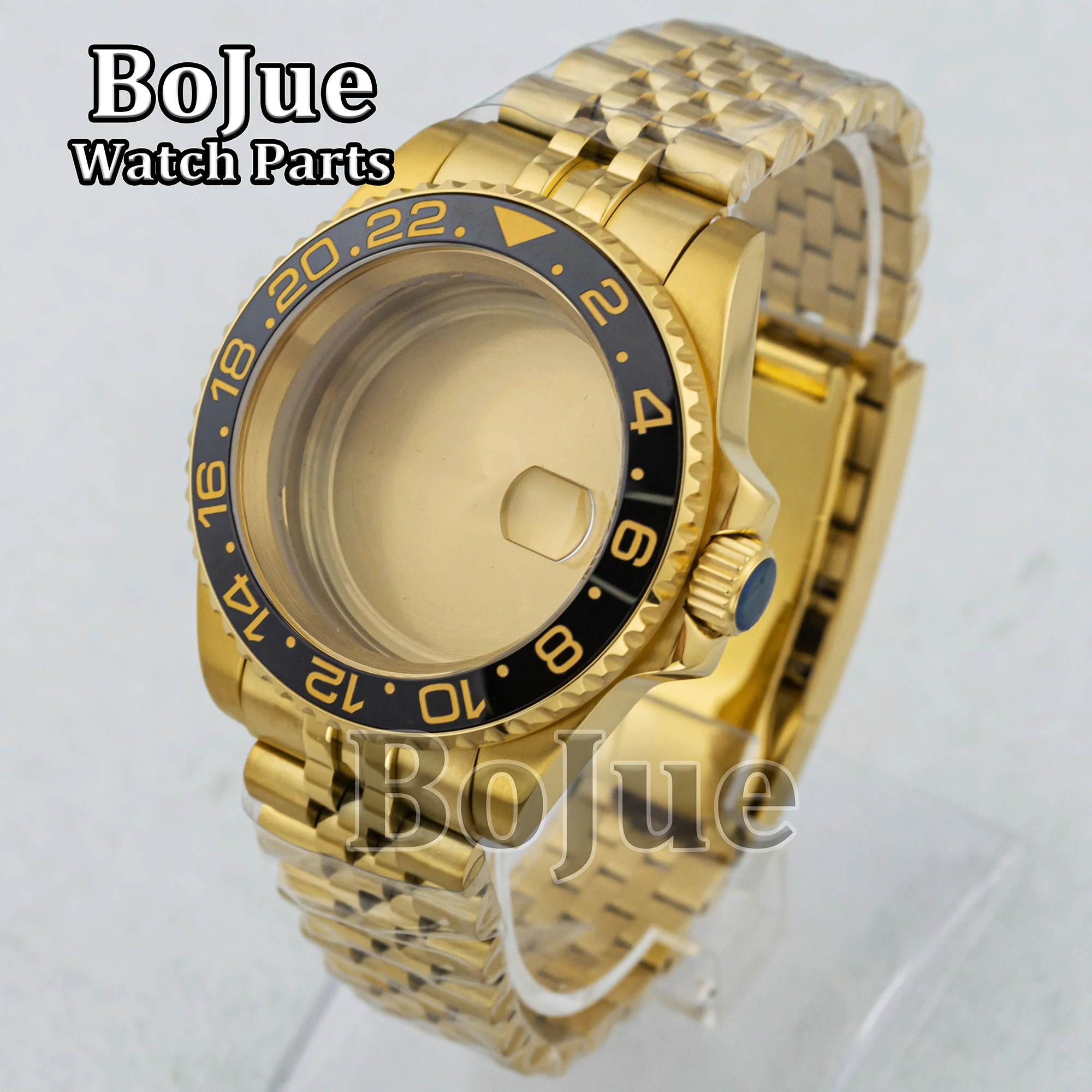 Gold 40mm Men Watch Case Jubilee Bracelet Strap Set Sapphire Crystal Glass For NH34 NH35 NH36 Movement 28.5 Dial Gmt-master II