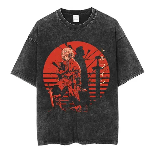 Imagen 2 del producto Vintage lavado Anime Vinland Saga Thorfinn Karlsefni camiseta hombres mujeres ropa moda calle Casual algodón camisetas de gran tamaño