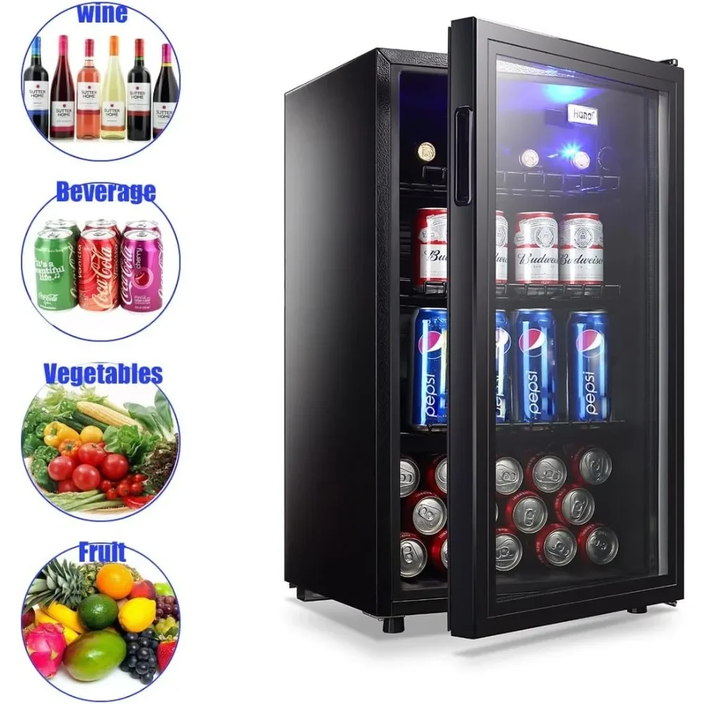 Mini Fridge Glass Door 120 Cans Beverage Refrigerator Small Clear Front Wine Cooler for Soda Beer Drinks Home Office Bar