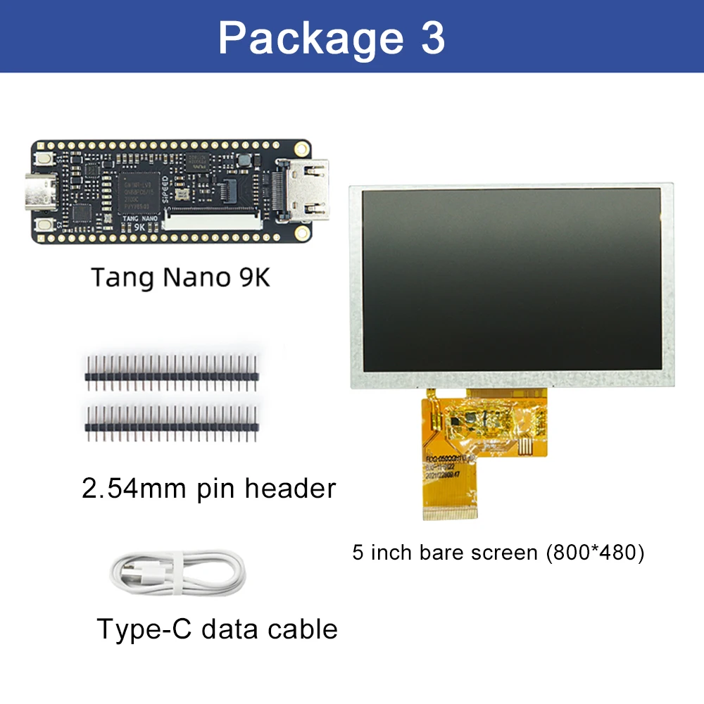 Sipeed 9k Fpga Development Board Gowin Gw1nr-9 Risc-v 2.54mm Pin Header+type-c Data Cable+4.3/5/7 Inch Spi Screen