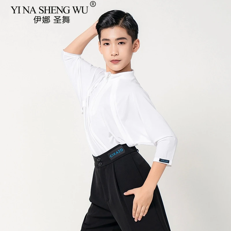 

Новый топ для латинских танцев для мальчиков, детские свободные рубашки с короткими рукавами, одежда для выступлений в национальном стандарте, одежда для практики ча-ча-румбы