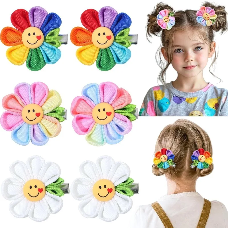 2Pcs Rainbow Flower Smile Face Hair Clips Non Slip Alligator Barrettes Kids Girls Daily School Party Outdoor Hair Accessories