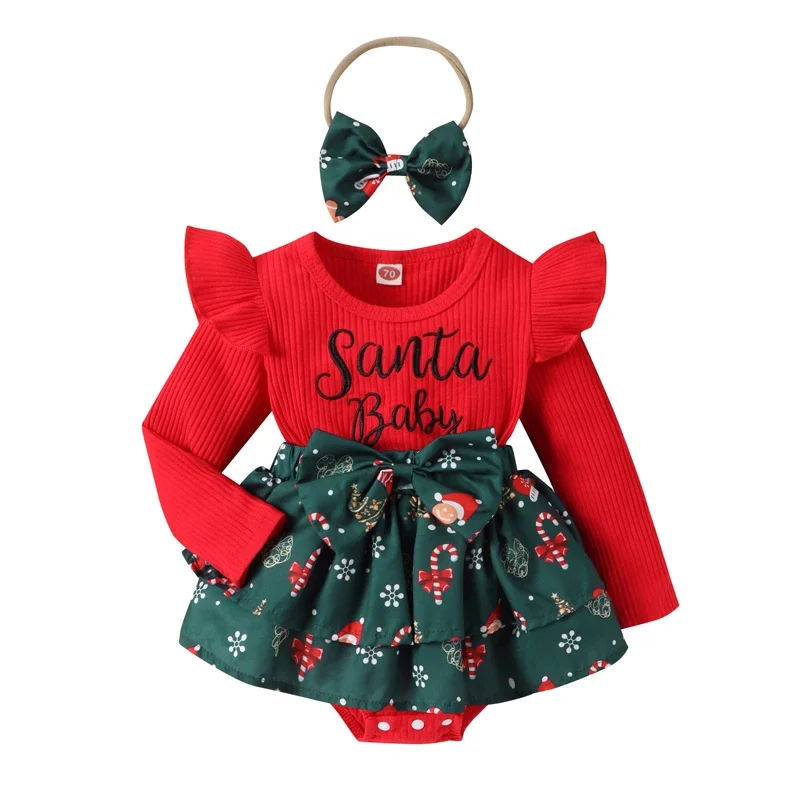 

Baby Girls Christmas Romper Dress - Long Sleeve Santa Letter Print with Bow Headband