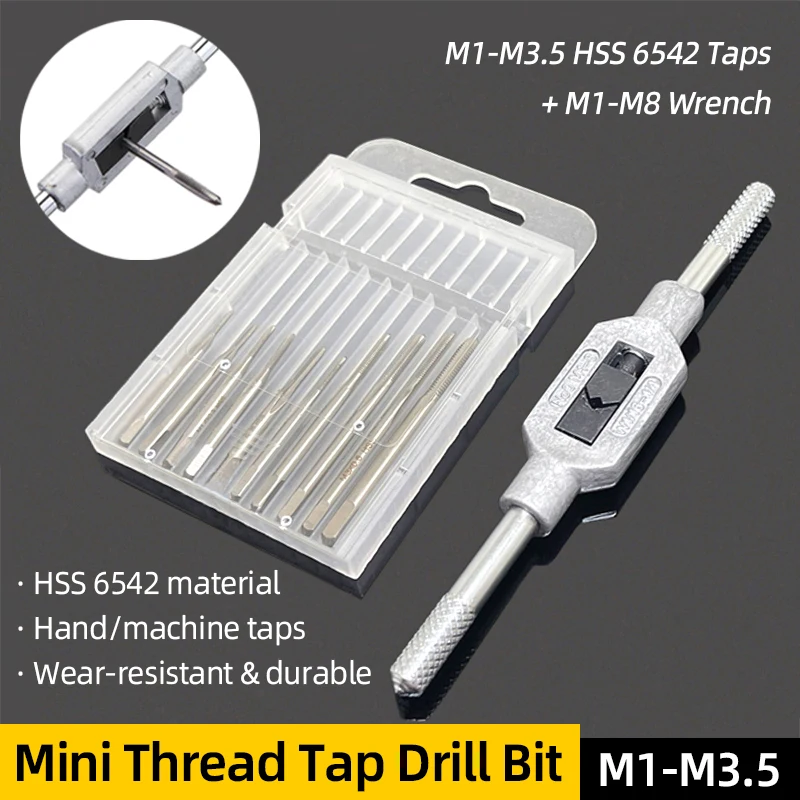 Metric Tap HSS 6542 Mini Thread Tap Drill Bit M1-M3.5 Straight Flute Machine Screw Tap Adjustable Tap Wrench M1-M8 Tapping Tool