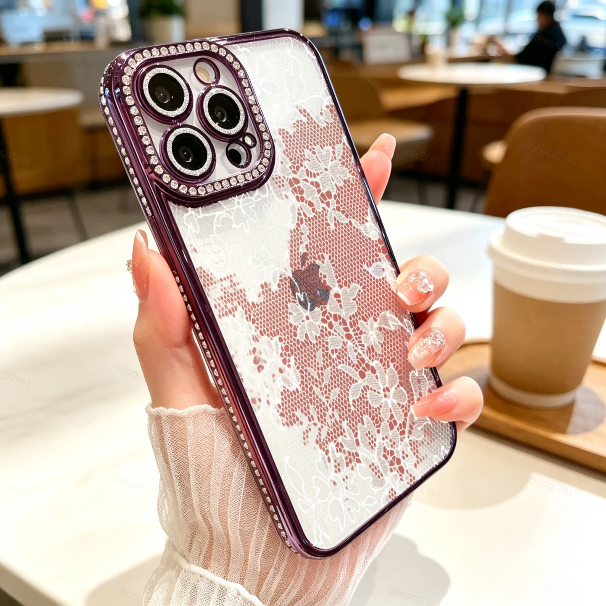 Diamond Electroplated TPU Phone Case for iPhone,  Elegant Lace Phone Case, Purple Rhinestone Camera Frame With Floral Pattern Design  , Luxury Glitter Rhinestone Frame, Built-in Lens Protector, Anti-Slip Shockproof Clear Cover - view 4