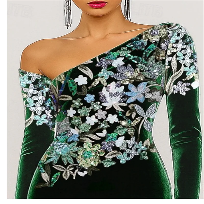 Green Mermaid / Trumpet Evening Gown Elegant Formal Dress Formal Wedding Floor Length Long Sleeve One Shoulder Velvet Customized