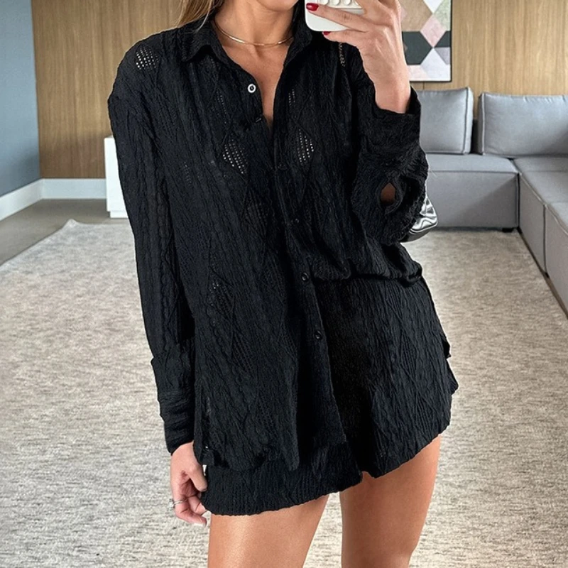 Summer Casual Comfortable Women's Loungewear Spring Summer New Knitted Jacquard Cardigan Long Sleeves Shorts Pajama Set Leisure