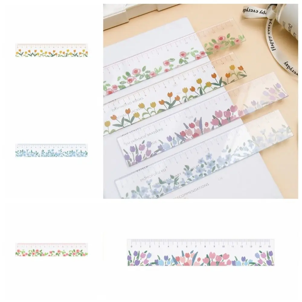Penggaris Lurus Multifungsi Kreatif 15cm Transparan, Alat Gambar DIY Serbaguna, Penggaris Gambar Tulip Akrilik untuk Matematika dan Kantor