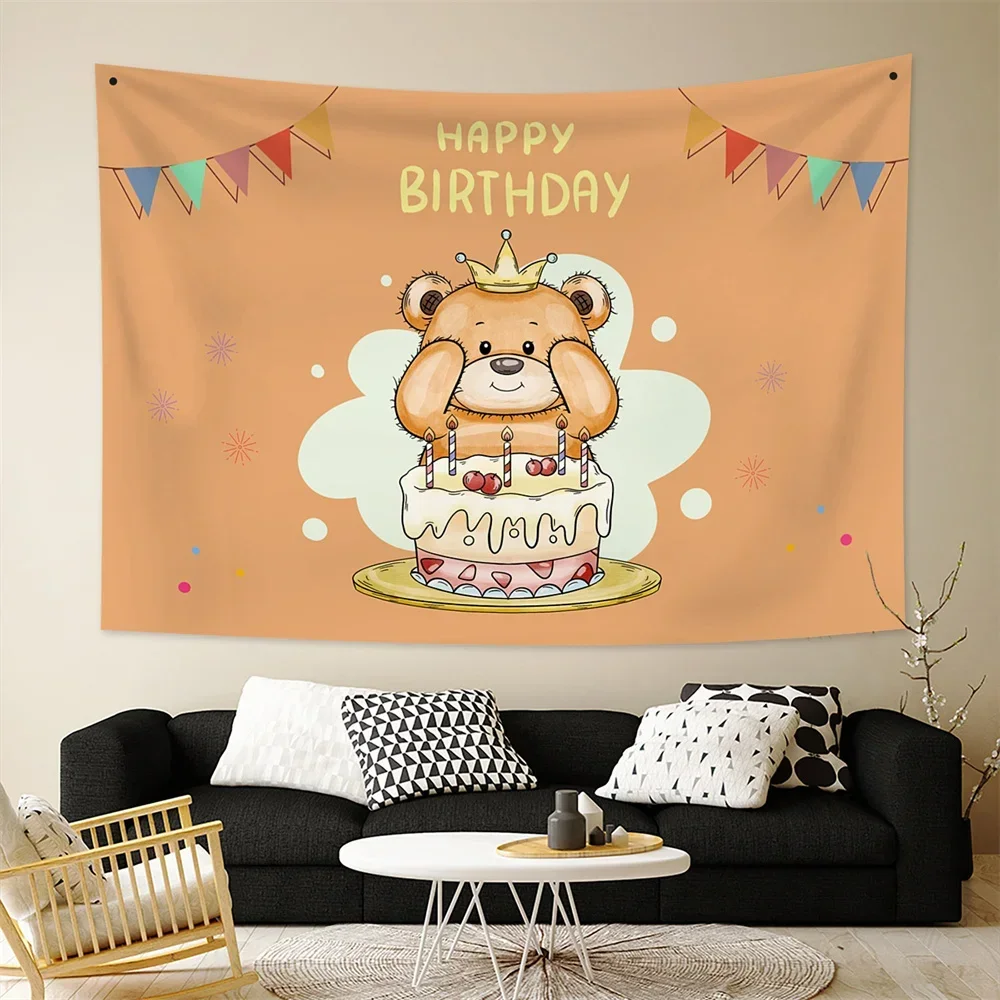 Birthday Background Tapestry Wall Hanging White Letters Cartoon Bear Tapestries Kids Room Decor Party Decoration
