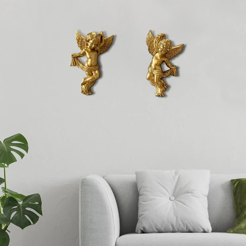 Resin Angel Wall Sculptures Wall Adornment Adorable Angelic Figure for Wedding Decor Golden Color Versatile-A63M