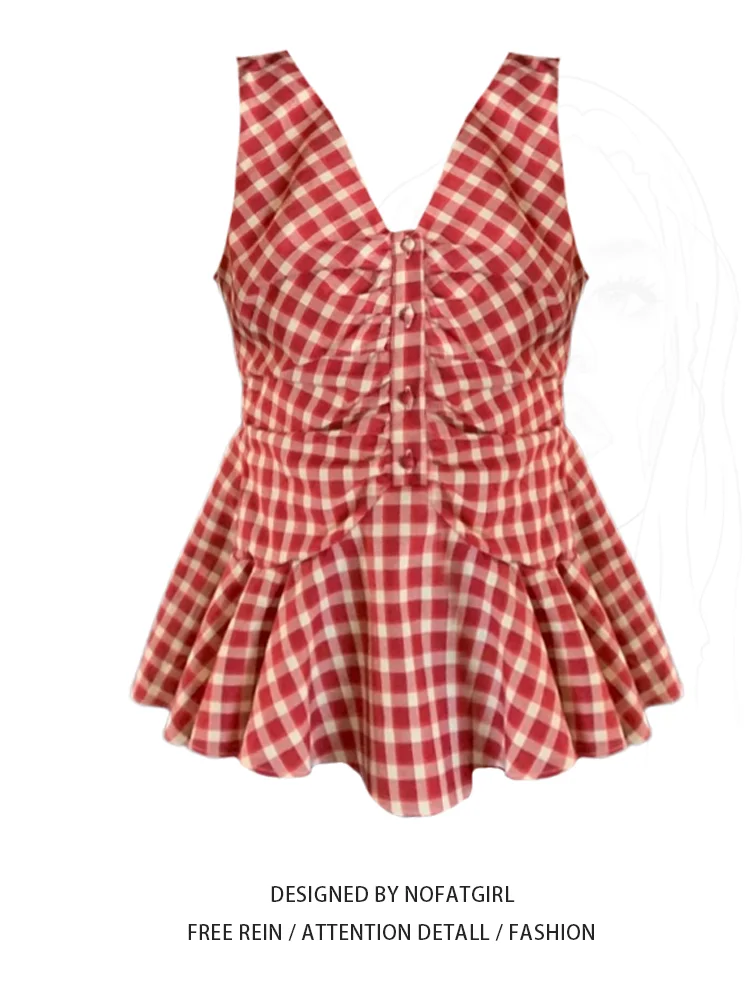 

Женский винтажный красный клетчатый жилет больших размеров, летний сложенный женский топ с V-образным вырезом и застежкой на талии...