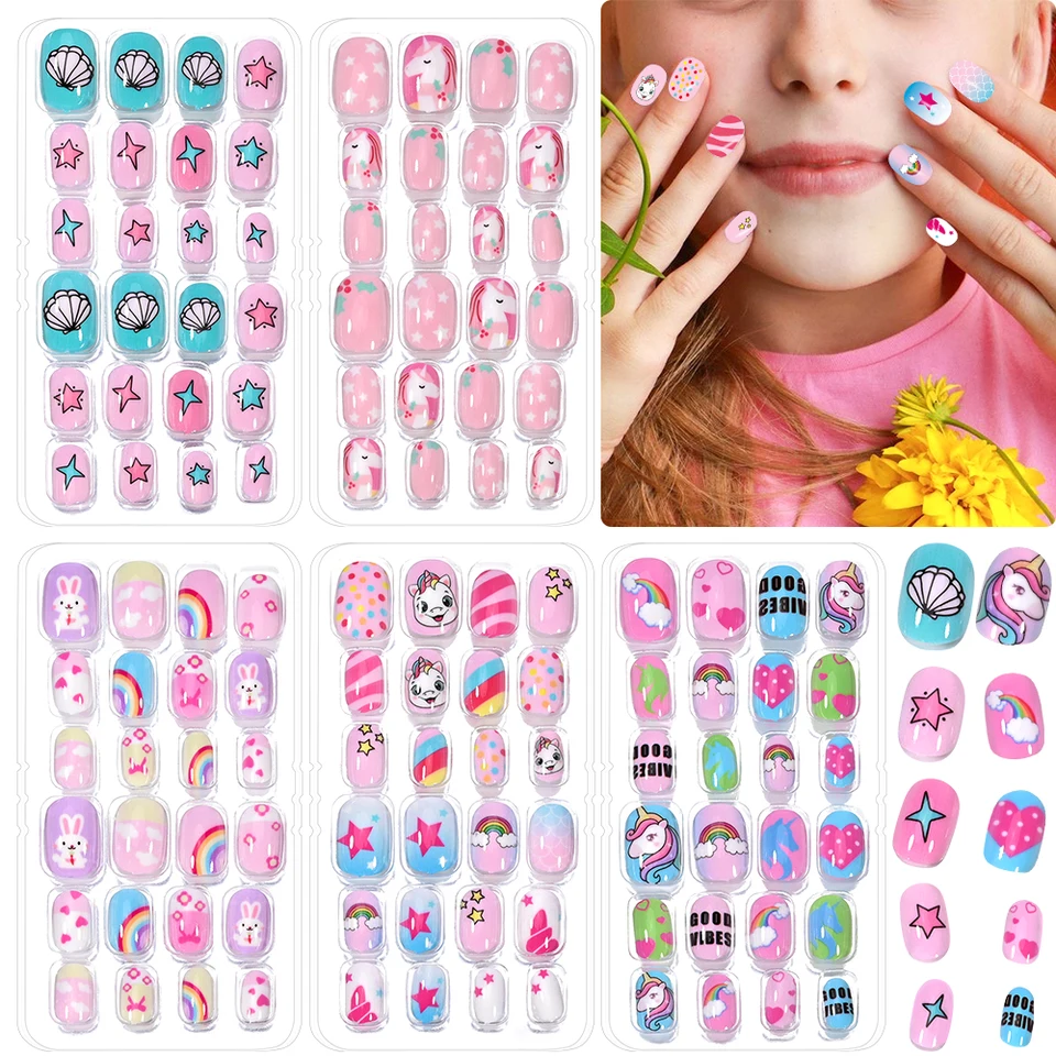 120 piezas/caja de uñas postizas para niñas princesa, de 6 a 14 años, kawaii con gatos, flores, arcoíris, incluye gel tipo gelatina, regalo para niñas 3
