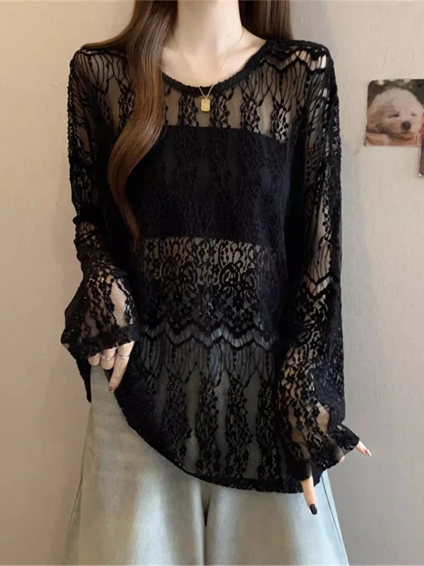 

Женский свитер большого размера с кружевными вырезами, длинный, модный, универсальный, в корейском стиле, свободного кроя, вязаный