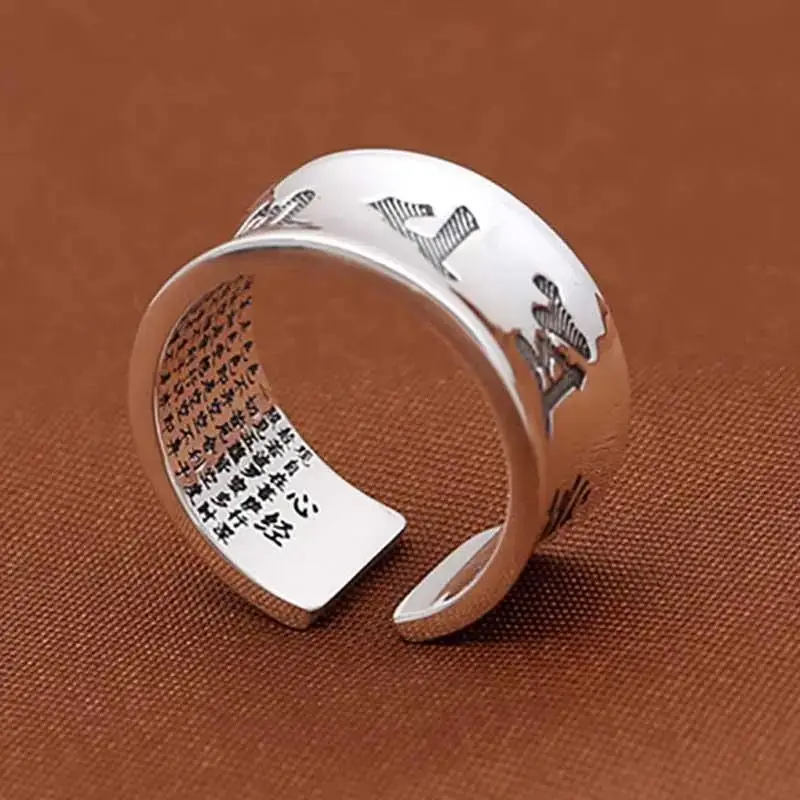 Vintage Amulet Buddha Heart Sutra Buddhist Rings For Men Women Opening Blessing Ring Thai 925 Sterling Silver Jewelry