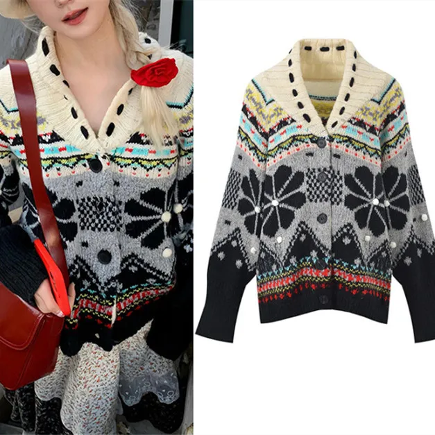 

High-End European Sle Snowflake Knit Sweater Color Blo Faionable Youthful Outerwear Versatile Loose Knitted Cardigan