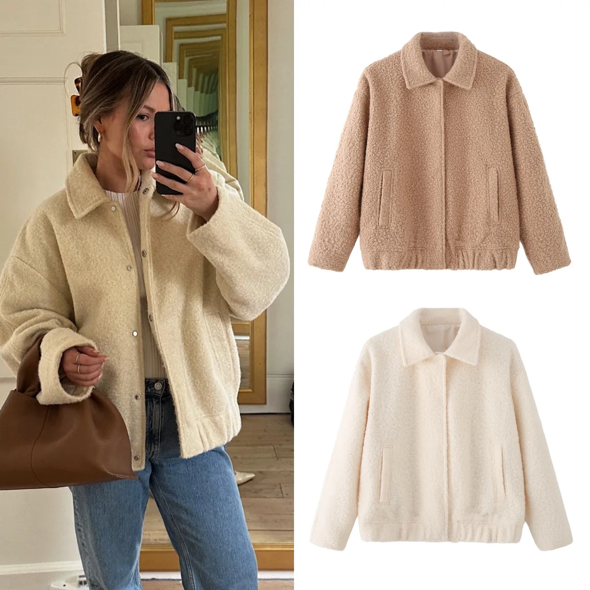 

Autumn Winter Female Lambswool Street Jacket Outerwear Fashion Zipper Woolen Jacket Women Elegant Lapel Long Sleeve Short Coat
