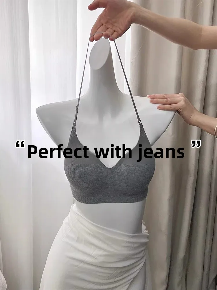 Women's U-Neck Backless Tank Top with Chest Pad Invisible Underwear Gathered Bra Breathable Elastic Fitting Short Length