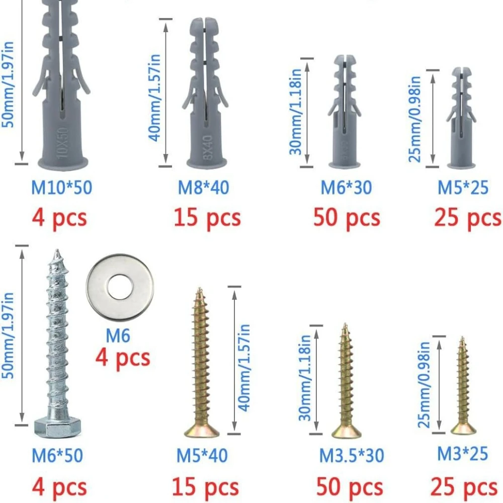 188pcs Gypsum Board Expansion Anchor Screws Set Plastic Expansion Tube M3 M4 M5 M6 M8 M10 Self-tapping Screws Combination