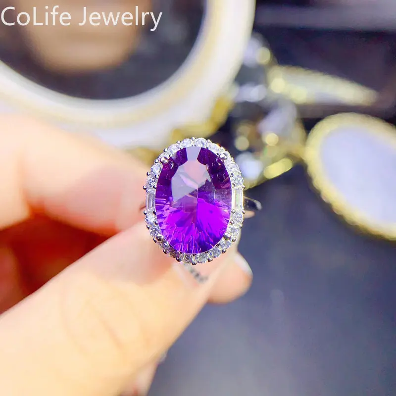 VVS Brilliant Natural Amethyst Ring for Wedding 10mm*14mm 6ct Amethyst Silver Ring 18K Gold Plating 925 Silver Crystal Jewelry