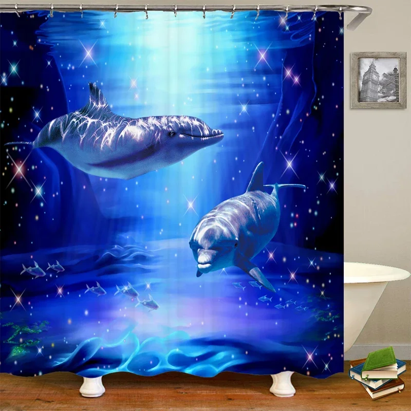 Dolphin Shower Curtain Sea Theme Shower Curtain Hook Washable Dolphin Waterproof 3D Animals Shower Curtain for Bathroom Decor