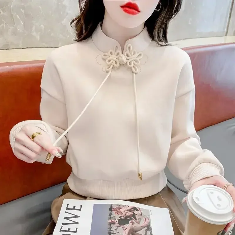

Elegant Stand Collar Solid Color Button Lace Up Blouses Women's Clothing 2023 Autumn Winter Loose Korean Tops Office Lady Shirts
