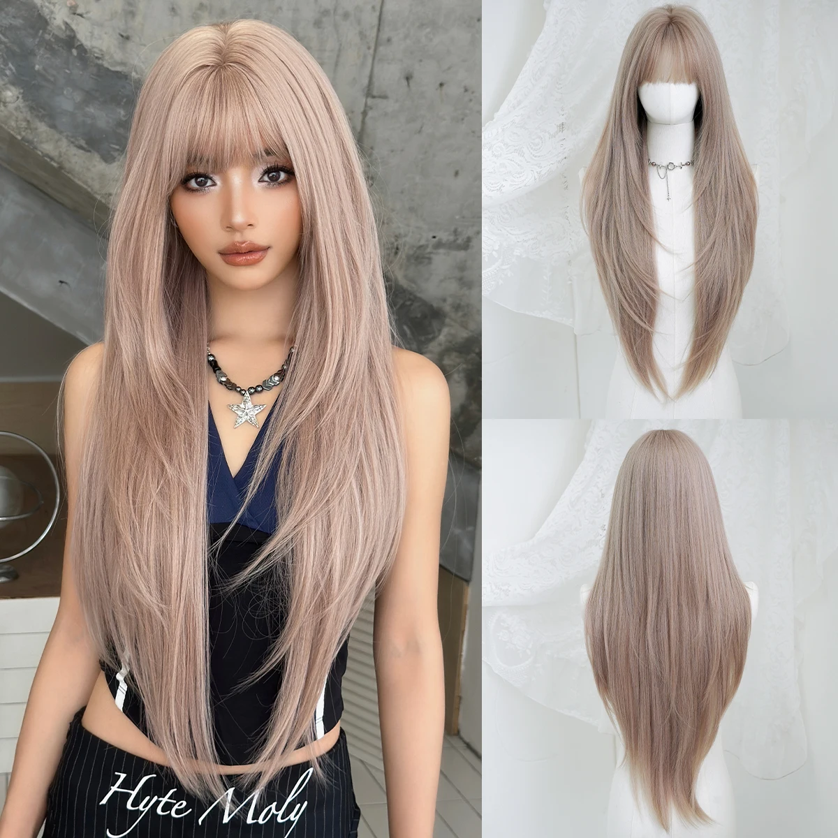 

7JHH WIGS Long Straight Ash Pink Wig for Women Synthetic Layered Heat-Resistant Modest Fashion Wear and Go Wigs with Neat Bangs