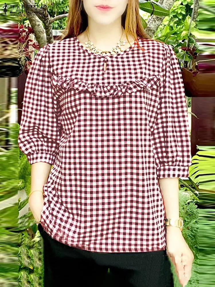 ZANZEA Elegant Women Plaid Tops Vintage 3/4 Sleeve Ruffled Blouses 2024 Summer Round Neck Shirt Casual Loose Tunic Oversized