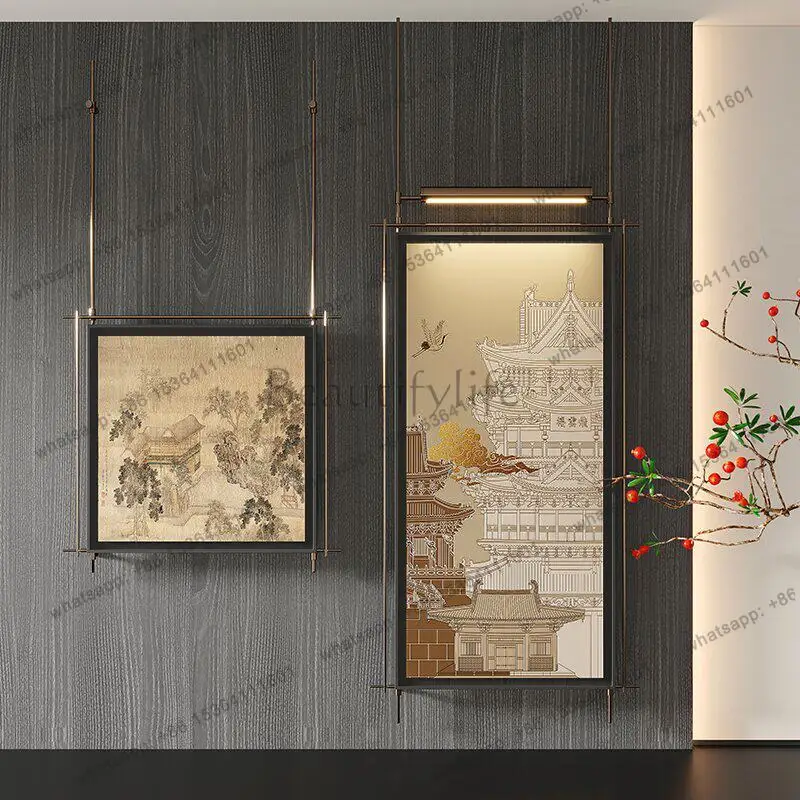 New Chinese high-end decorative paintings wall hanging club with lights metal pole hanging paintings