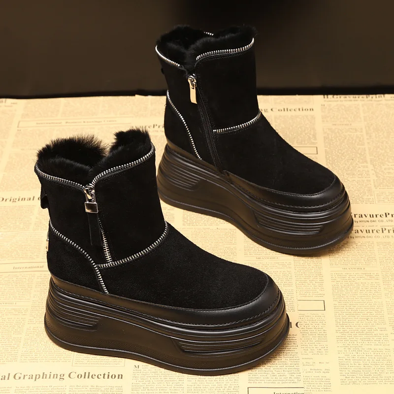 9cm 2024 Women's Thick Bottom Snow Boots Short Boots with Plush and Height Increase Slip-Resistant Warm Shoes