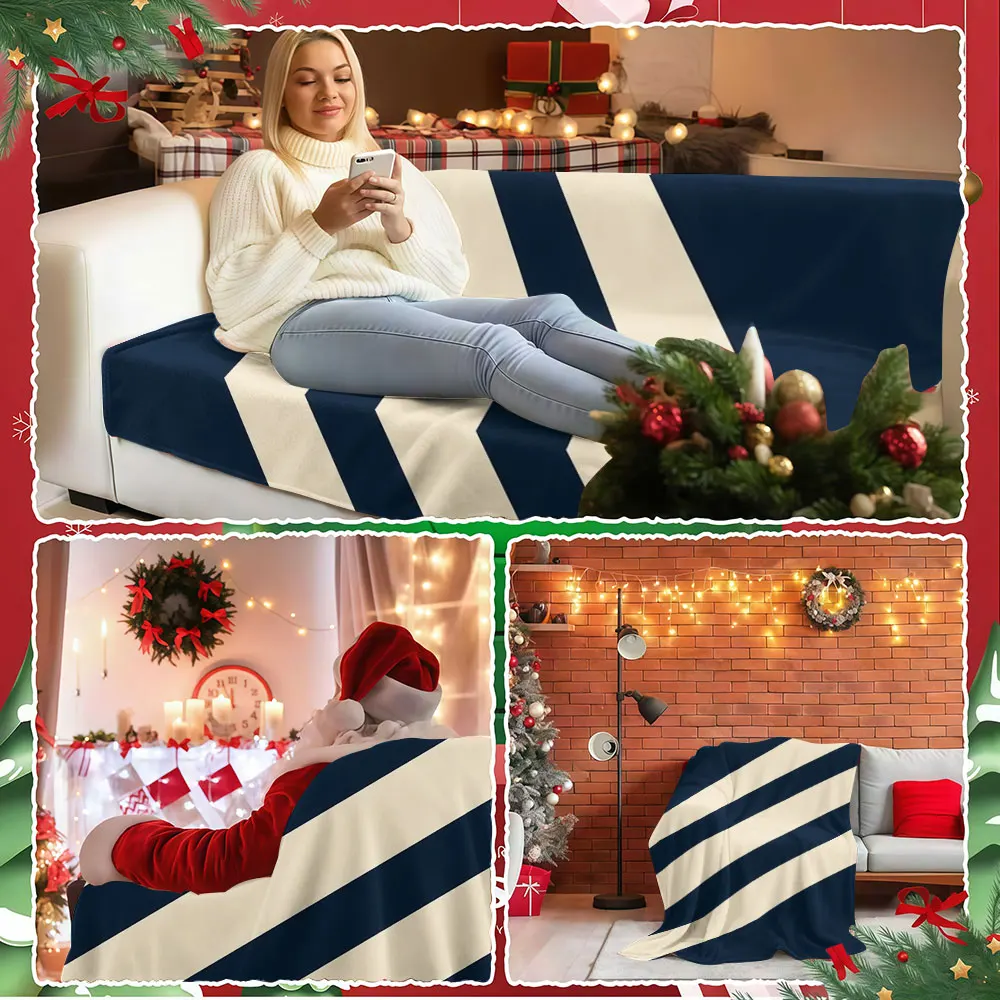 Navy Diagonal Stripe Winter Summer Flannel Blanket Throw Fleece Soft Fuzzy Plush Cozy Fleece Blankets for Sofa Ideal Gifts