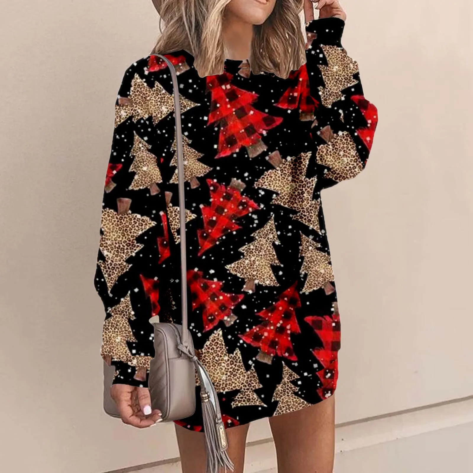 Women Christmas Round Neck Sweatshirt Dress Crewneck Pullover Long Sleeve Mini Sweater Dresses Plus Size Party Vestidos