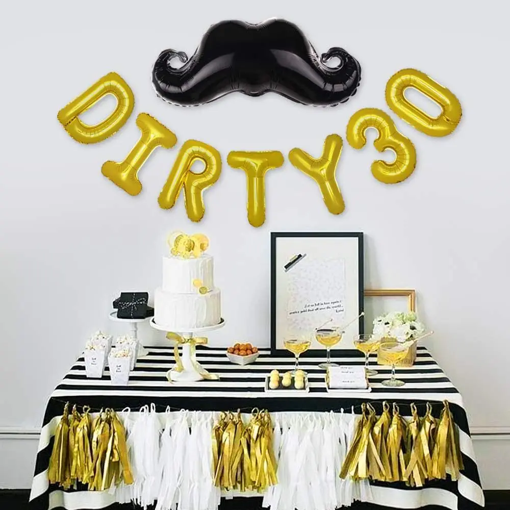 Dirty 30 Birthday Party Decor Balloons Set - Aluminum Foil Letters & Mustache, Lip Shapes for Adult Celebrations, birthday decor