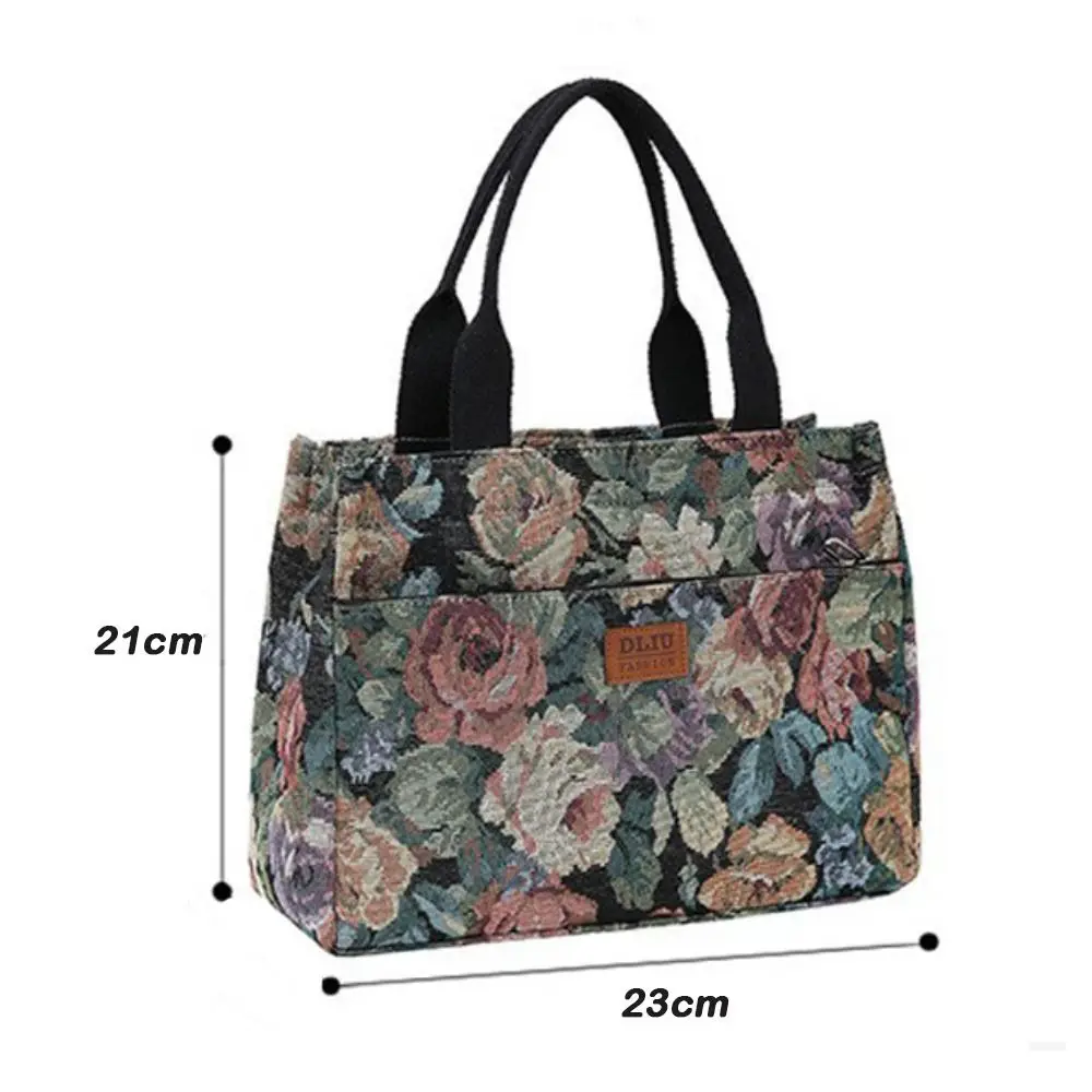 Tragbare Damen-Tragetasche mit Blumenmuster, verdickte Canvas-Lunch-Tasche mit Reißverschluss, große Jacquard-Handtasche – Detail 1
