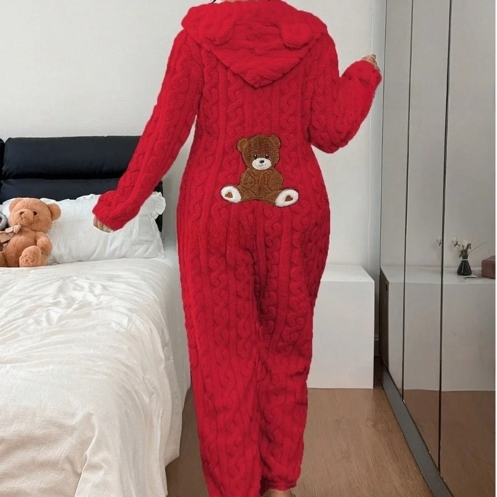 Hooded Jumpsuit Romper Nightwear Long Sleeve Bear Ear Plush Romper Pajamas Warm Women's Home Clothing Women Female Lady