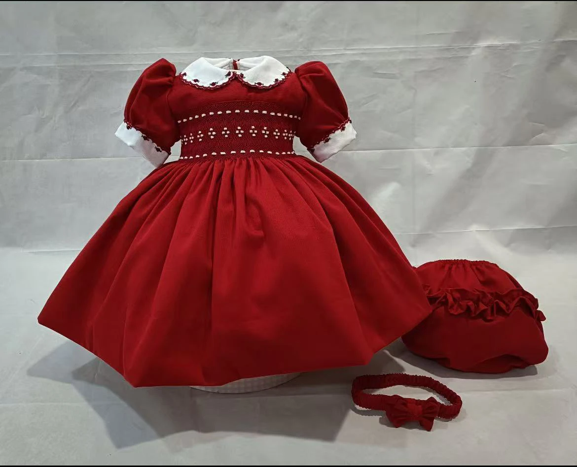 0-12Y Baby Girl Red Handmade Smocked Embroidery Vintage Princess Dress for Party Eid Holiday Birthday Photography Christmas A178