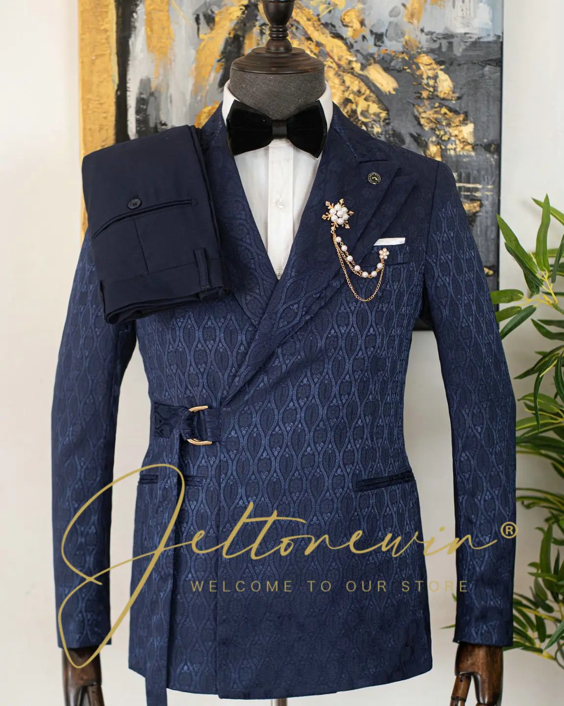 Men's Navy Blue Two Piece Tuxedo Suit Set with Embossed Pattern Slim Fit Formal Wear for Wedding Groomsmen Party Event Evening