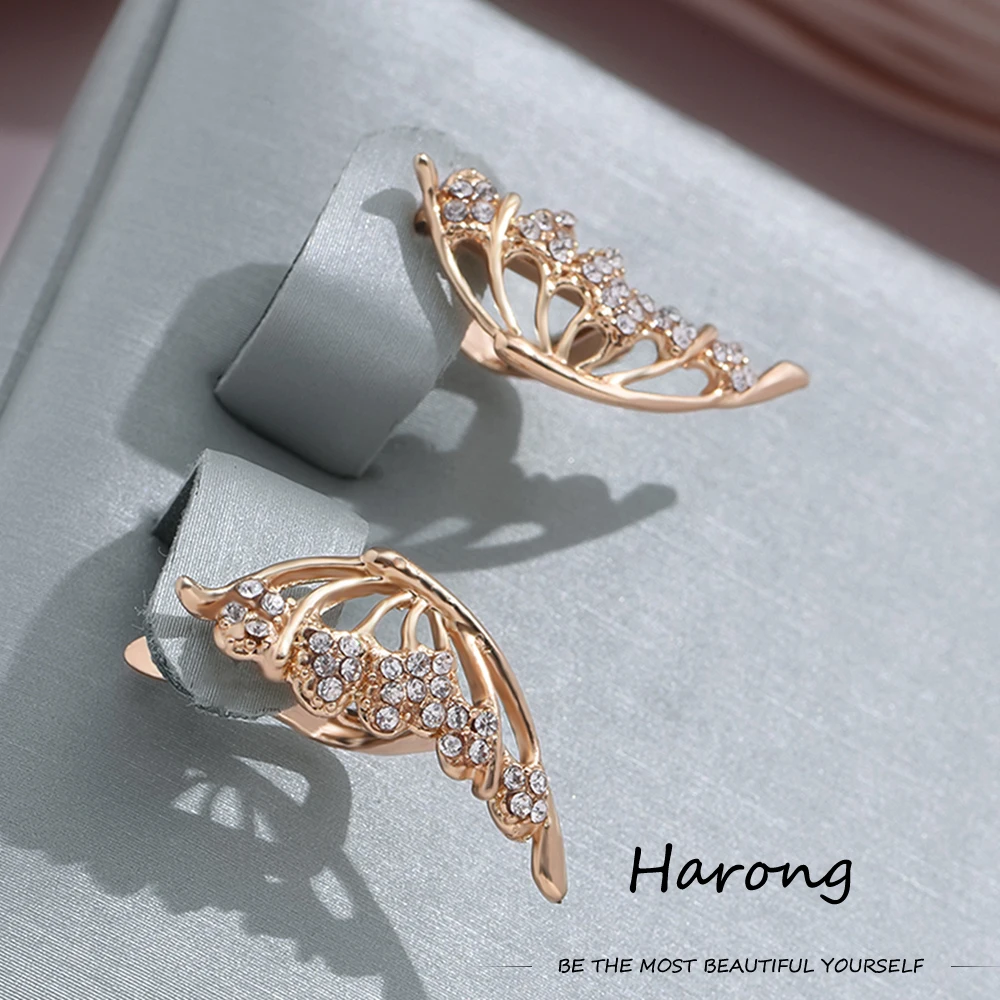 Harong Classic Hollow Crystal Butterfly Earrings Noble 585 Rose Gold Color Copper Women Jewelry Decoration Gift for Wedding