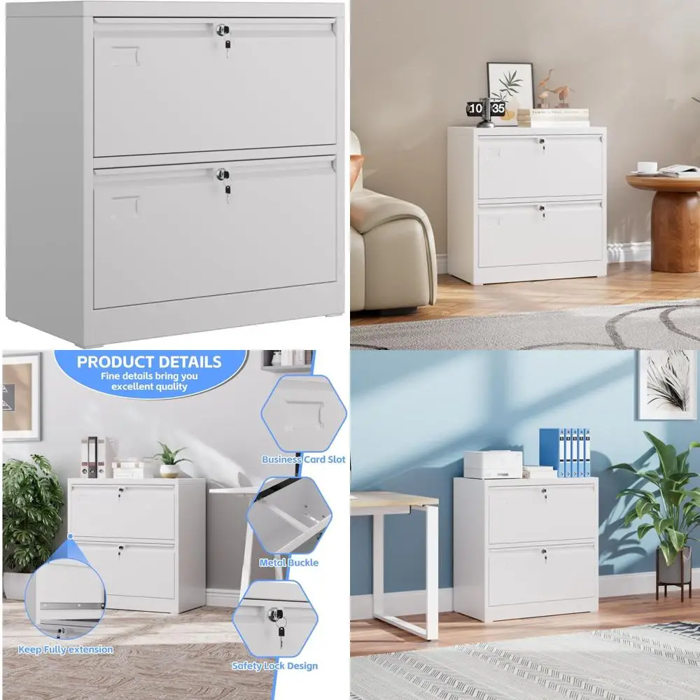 خزانة ملفات جانبية معدنية قابلة للقفل، ودرجين لتخزين الملفات للمنزل والمكتب، مناسبة لتعليق الملفات وحامل بطاقة الاسم