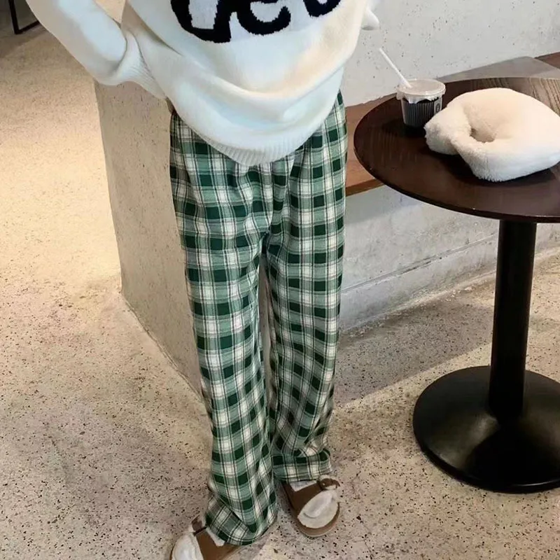 Autumn Winter Inner Fleece Warm Pants Women Elastic Waist Casual Loose Straight Plaid Trousers Female Versatile Student Pants