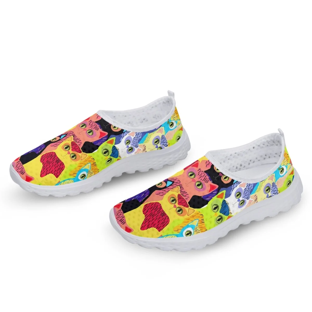 Colorful Cartoon Print Cat Ladies Spring Summer Mesh Shoes  Lightweight Indigenous Art Design Sneakers Classic Walking Footwear