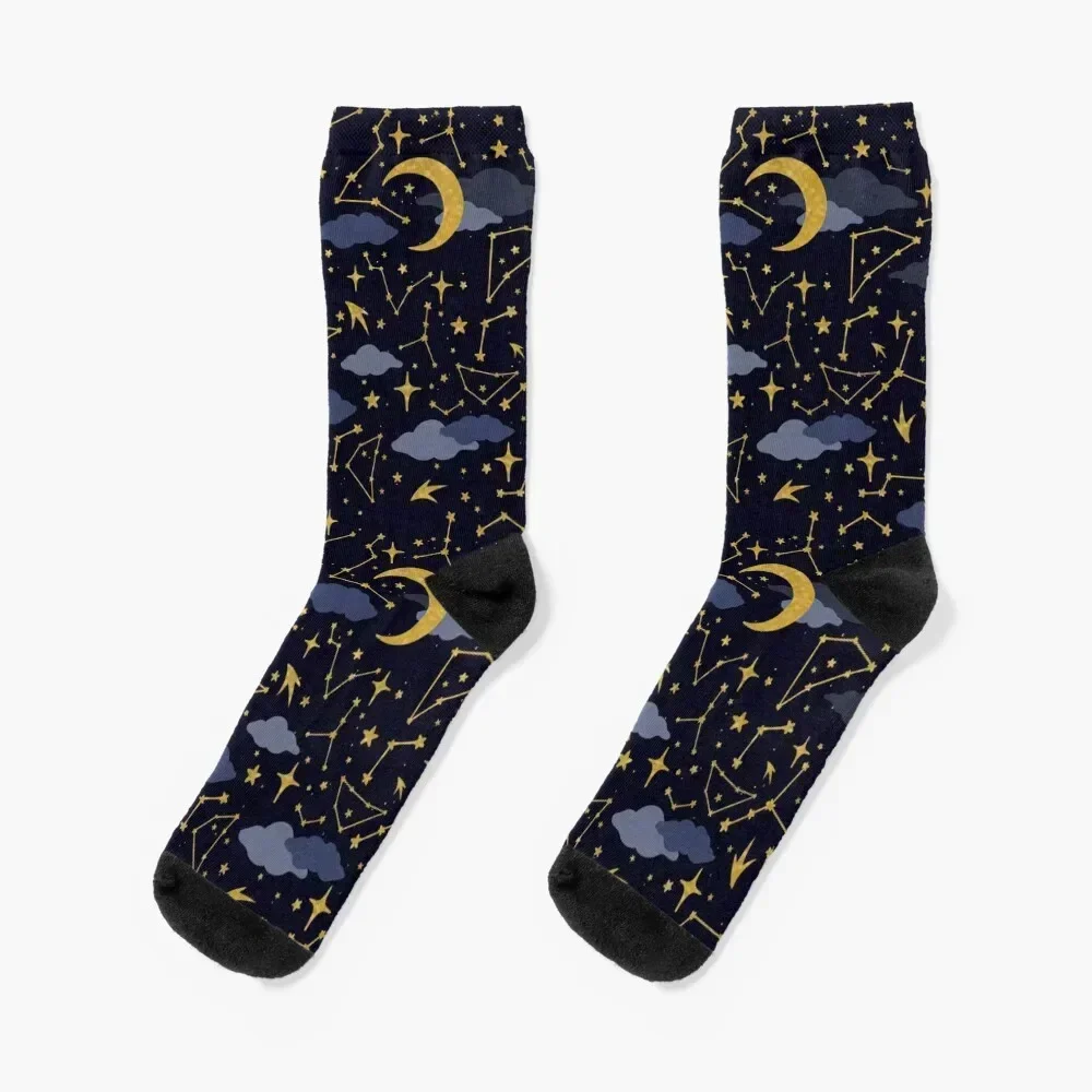 Celestial Stars and Moons in Gold and Dark Blue Socks cute winter thermal Women Socks Men's