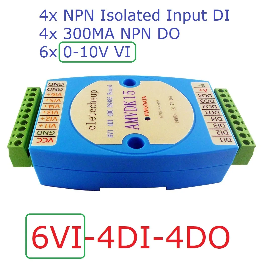 AMVDK15 3 IN 1 Voltage Analog Collector 6VI-4DI-4DO 0-5V/0-10V & Digital IO RS485 MODBUS RTU 4CH NPN DI-DO for PLC PC HMI