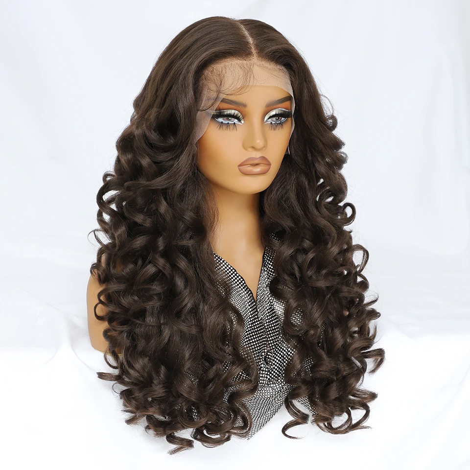 Parrucca frontale in pizzo 13x6 Parrucca frontale in pizzo sintetico Latisha riccia pre-pizzicata con i capelli del bambino per le donne Parrucche frontali in pizzo da 24 "