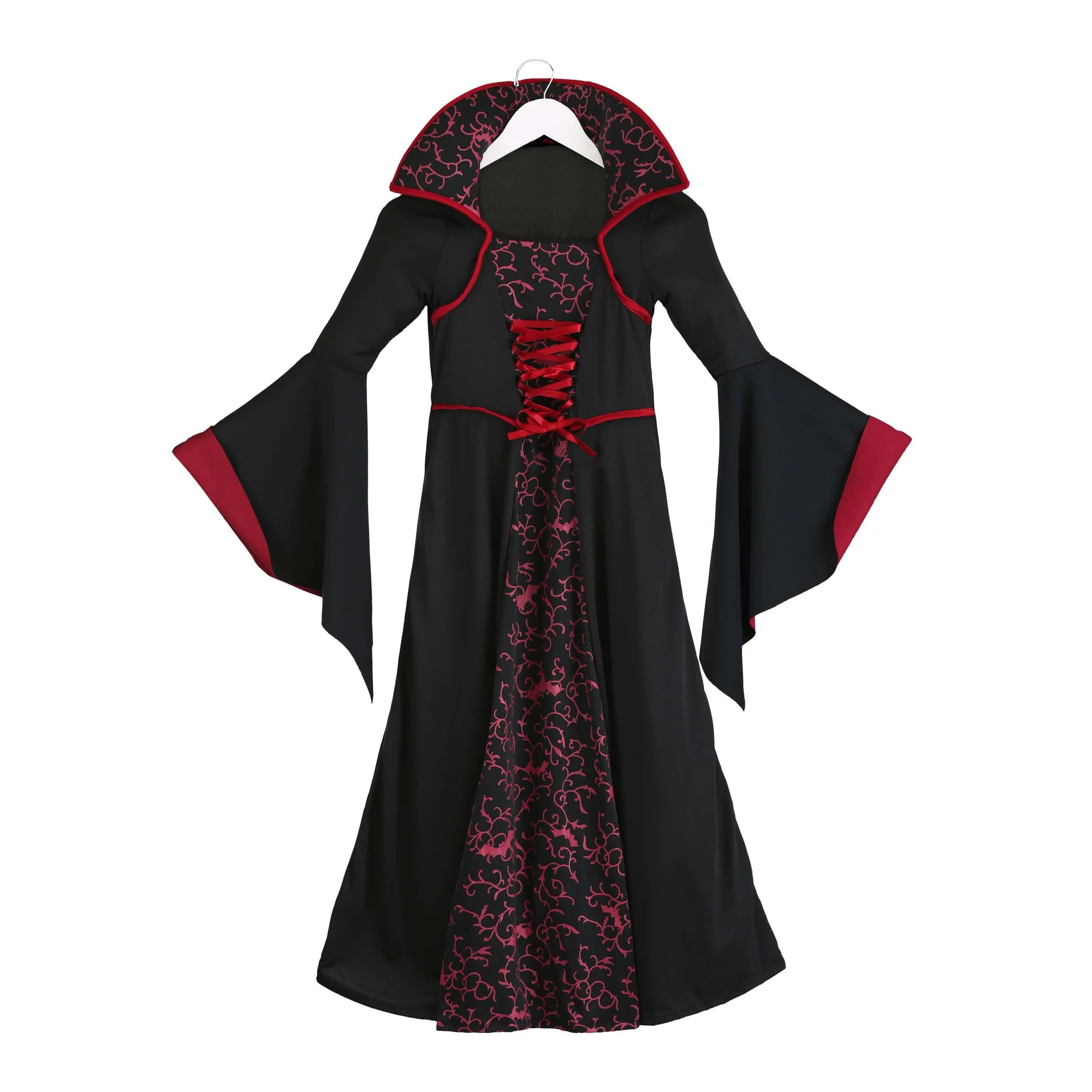 Kids Royal Vampire Queen Costume Retro Black Red Long Robe Girls Gothic Dress Halloween Street Parade Villain Role Play Outfit
