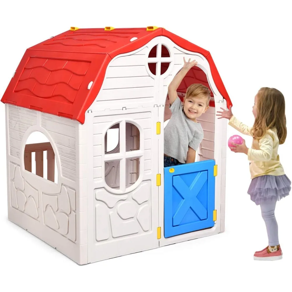 

Kids Foldable Playhouse, Portable Game Cottage with Windows, Door, Realistic Home and Garden Play House