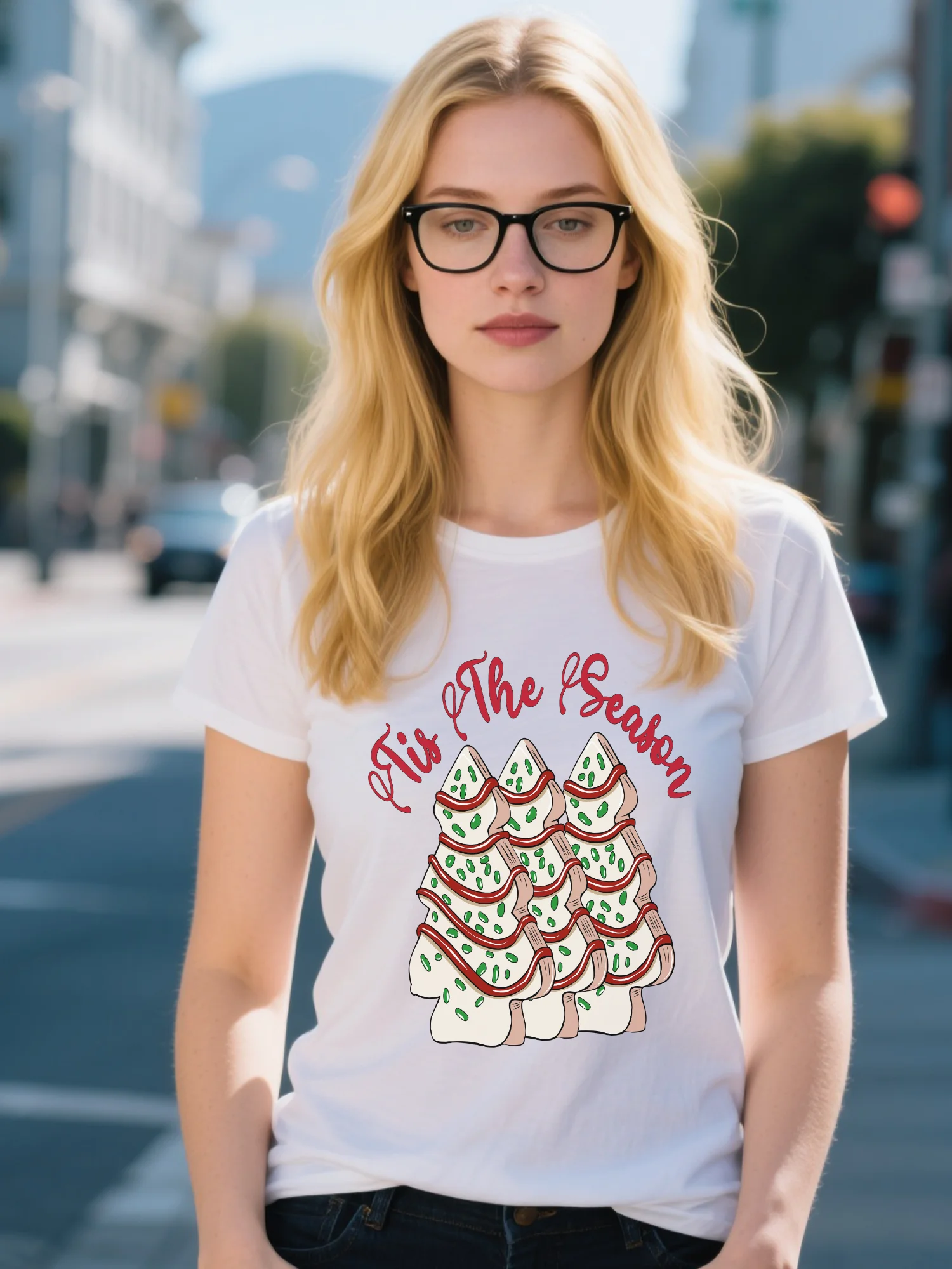 

Women's 100% Organic Cotton T-Shirt - White High Street Candy Cane Motif, Retro Urban Christmas Design