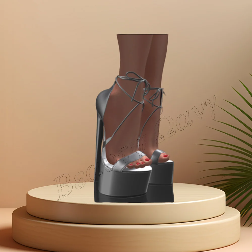 

Silver Cover Heel Lace up Sandals Platform Solid Sexy Round Toe Spike High Heel Shoes for Women High Heel 2024 Zapatillas Mujer