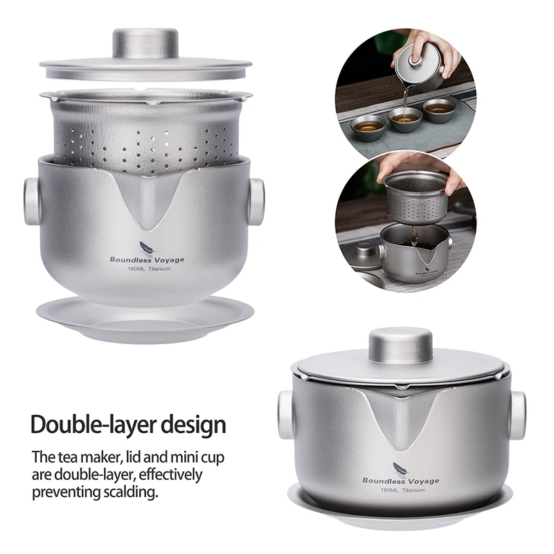 Grenzenlose Reise Titan Gaiwan Teekanne Tassen Doppels chicht Tee maschine mit Deckel & Filter ultraleichte Kung Fu Tee Set stapelbare Tassen – Detail 6