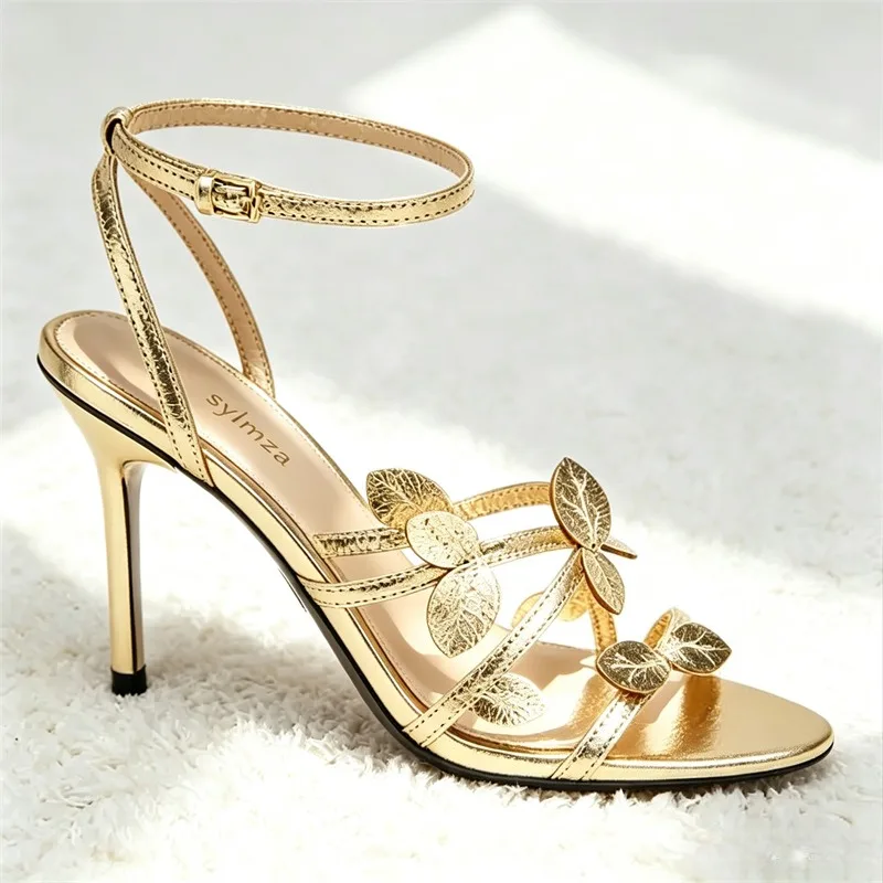 Elegant Gold Leaf Narrow Band High Heeled Sandals Women Fashion Open Toe Ankle Buckle Dress Shoes Luxury Brand Designer Shoes image 2