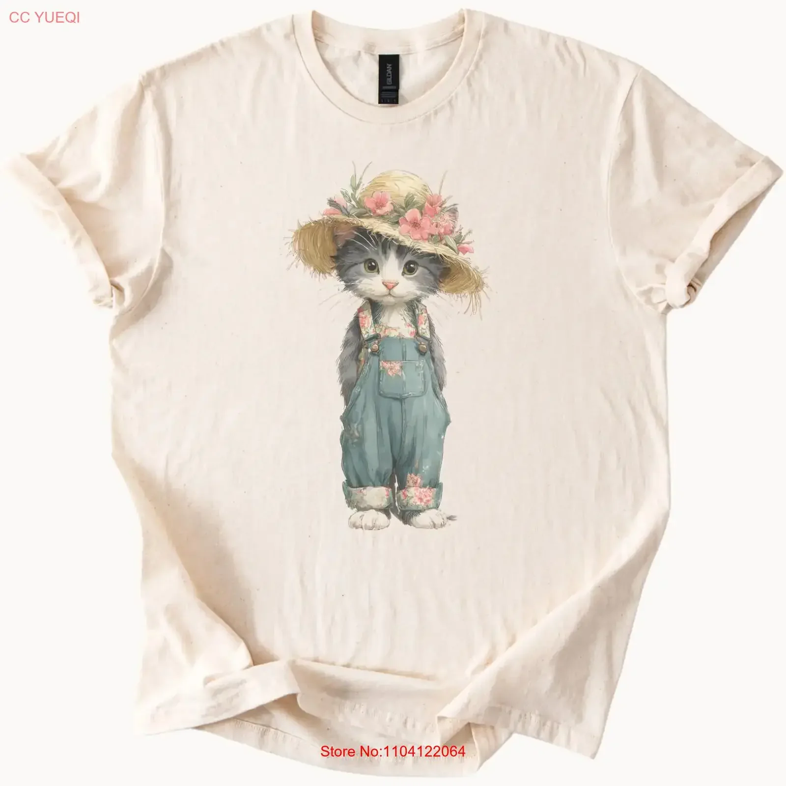 Floral Cat in Straw Hat Overalls T Shirt Cute Farmhouse Animal vintage Washed graphic homme Comfortable Soft Unisex Versatile